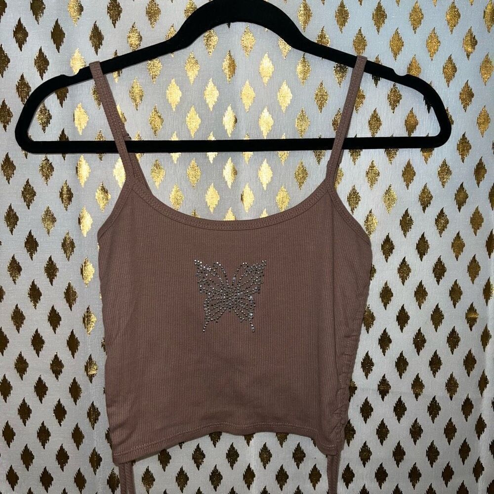 Y2K rhinestone butterfly brown strappy crop top full tilt size S